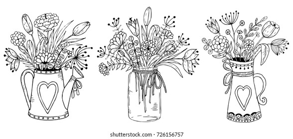 Three vases with floral bouquets. On a white background.