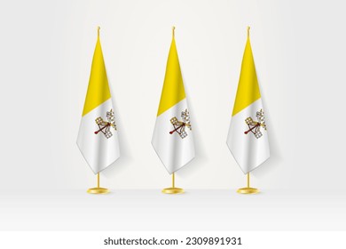 Three Vatican City flags in a row on a golden stand, illustration of press conference and other meetings. Vector illustration.
