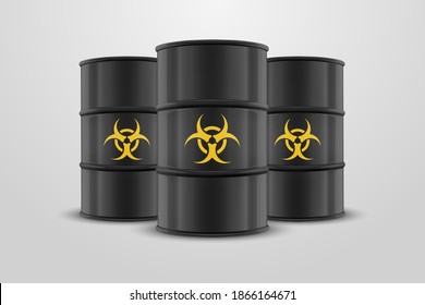 Three Vector 3d Realistic Black Simple Glossy Enamel Metal Oil, Fuel, Gasoline Barrels with Yellow Biohazard Sign Isolated on White Background. Design Template of Packaging for Mockup. Front View