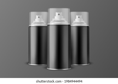 Tres Vectores 3d Realistas De Aluminio Negro Blank Spray Can, Frasco, Tapa Transparente Aislada. Pequeño, Medio, Grande. Plantilla de diseño, lata de rociador, maqueta, paquete, publicidad, aerosol de pelo, desodorante