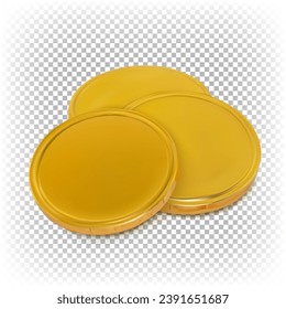 Three vector 3D realistic chocolate coins in a gold wrapper lie on the surface and isolated on a transparent background.