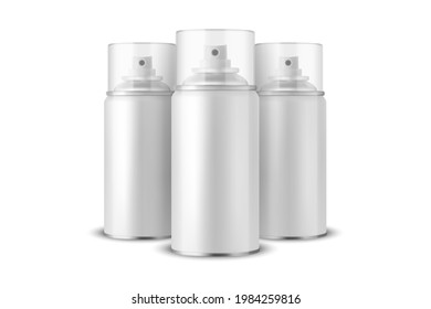 Tres Vectores 3d Realistas De Aluminio Blanco Lámina De Spray, Frasco, Tapa Transparente Aislada. Pequeño, Medio, Grande. Plantilla de diseño, lata de rociador, maqueta, paquete, publicidad, aerosol de pelo, desodorante