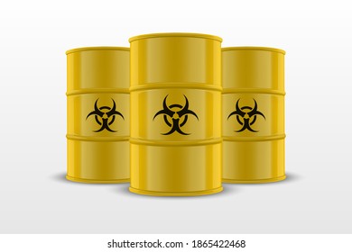 Three Vector 3d Realistic Yellow Simple Glossy Enamel Metal Oil, Fuel, Gasoline Barrels with Biohazard Sign Isolated on White Background. Design Template of Packaging for Mockup. Front View