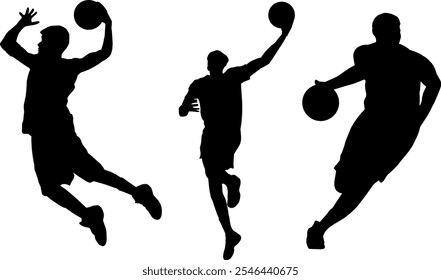 Three Vector Art Silhouettes of Athletes Basketball balls with cool and attractive style are suitable for banner design and basketball sports event design 