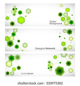 Three vector banner with abstract green linked hexagons. Vector illustration
