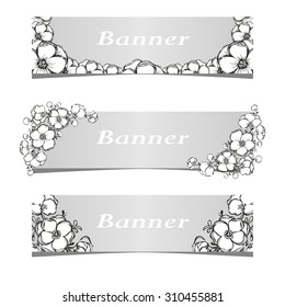 Three vector banner with black and white flowers