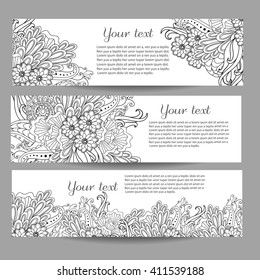 Three vector banners with beautiful monochrome floral pattern in doodle, zentangle style. Vector hand drawn background. Can be used in website, magazine or advertising.