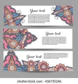 Three vector banners with beautiful monochrome floral pattern in doodle style. Vector hand drawn background. Can be used in website, magazine or advertising.