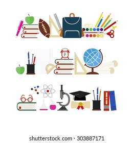 Three vector banners with flat icons of school supplies on white background.