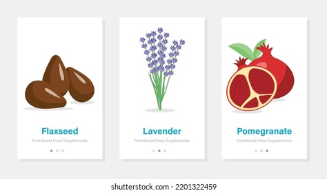 Three vector banners of food suplements. Isolated vertical onboarding templates with fruit and botanical pictures