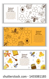 Three vector banners with honey and propolis objects.Cartoon and line illustration for your design