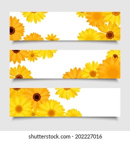 Three vector banners with orange and yellow gerbera flowers.