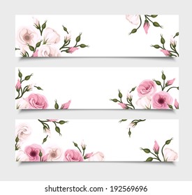 Three vector banners with pink lisianthus flowers.