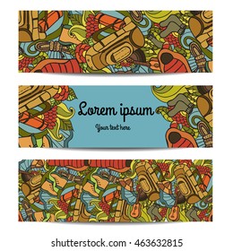 Three vector banners with Recreation. Tourism and camping in doodle style.Vector hand drawn background. Can be used in website, magazine or advertising.