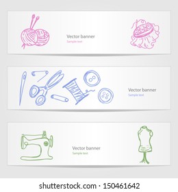 Three vector banners with sewing and knitting supplies