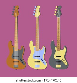 Three vector bass guitars different colors with pink background