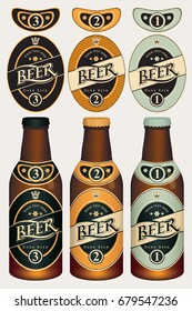 Three vector beer labels in retro style on various color backgrounds in oval frame with crown. Templates labels for dark beer on glass bottles.