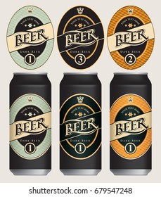 Three vector beer labels in retro style on various color backgrounds in oval frame with crown. Templates labels for dark beer on beer cans.
