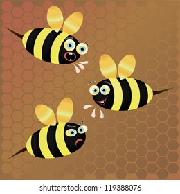 Three vector bees on honeycomb background
