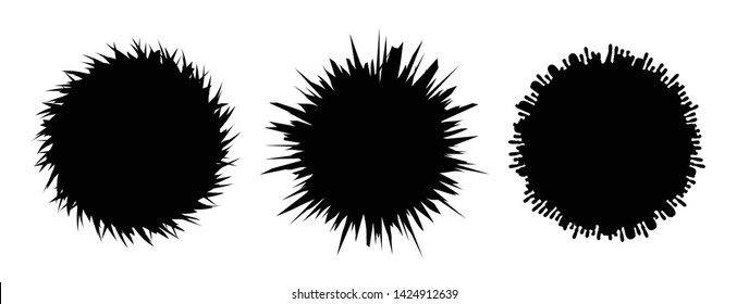 Three vector black abstract star shapes isolated in the white background. Graphic design elements of explosion.