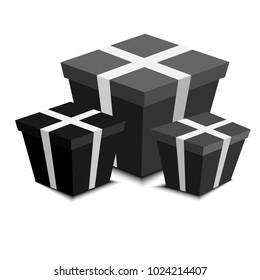 Three vector black and gray boxes with white ribbons. Template illustration your design. Empty gift box. Pattern for holiday gift card, promotion flyers, banners, posters, app, web. Realistic shadow.