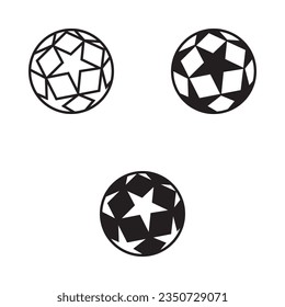 Tres bolas vectoriales de fútbol estrella negra sobre fondo blanco.