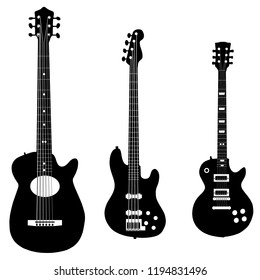 Three vector black-and-white guitars. Acoustic and Electric Guitars