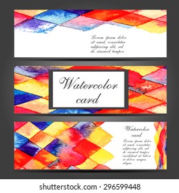 Three vector business cards template with hand painted watercolor brush strokes backgrounds and splatters. EPS