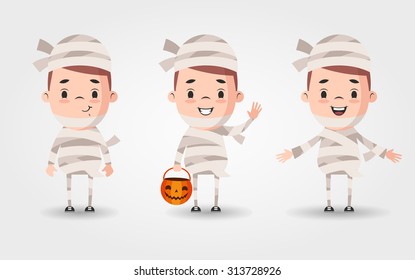 Three Vector Cartoon Boys in Halloween Costumes (Mummy)