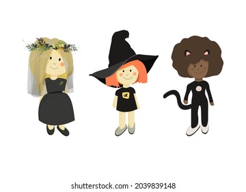 Three vector cartoon girls in festive outfits for Halloween