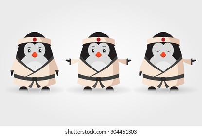 Three Vector Cartoon Penguins. Black Belt Karate Masters Set