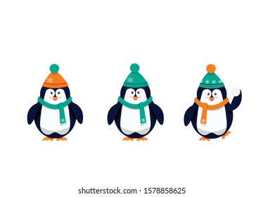 Three vector cartoon penguins in winter warm clothes.