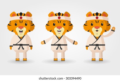 Three Vector Cartoon Tigers. Black Belt Karate Masters Set