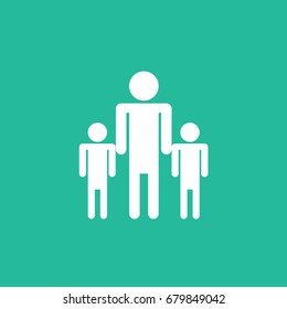 Three Vector Characters Icon Or Symbol Of Dad Or Father With Two Children. One Human Adult Person With Kids & Young. Son & Dad Isolated. Two Boys Sign Cartoon Vector Flat Design Style