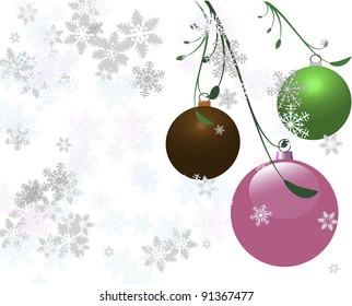 Three vector Christmas bulbs with a white snowy background.