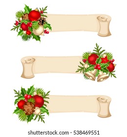 Three vector Christmas parchment banners with red, silver and green balls, fir-tree branches, holly and cones.