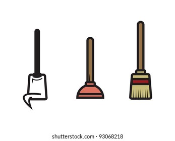 Three Vector Cleaning Utensils. Three Vector Cleaning Utensils - Mop, Plunger and Broom...Oh My!