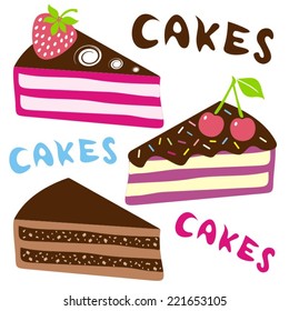 Three vector colorful cake slices on white background