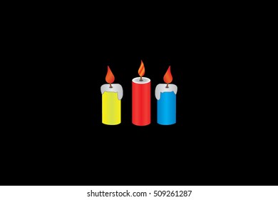 three vector colorful candles isolated on a black background