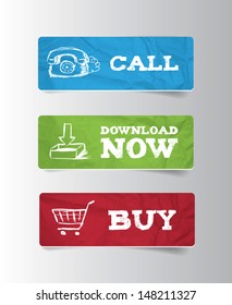 Three vector crumpled paper buttons with doodle icons - call, download now, buy
