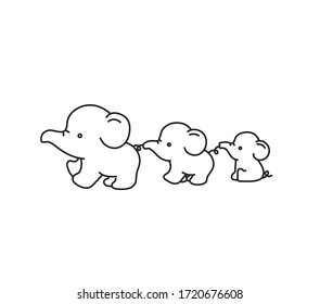 Three Vector Cute Cartoon Elephants  Family Elephants  Animal Father  Mother  Child  Black   White Outline Line Sketch for Tattoo  Pattern  Print  Picture  Poster  