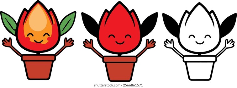 Three vector cute cartoon flower plants in pots waving.  Perfect for children's books, greeting cards, and websites.