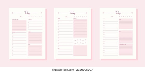 Three vector cute pink purple daily planners in one style. Minimalist simple design of organizer schedule pages with to do list for today for effective planning