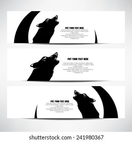 Three Vector Design Horizontal Banners With Ornament Angry Crying Wolf, Moon, In The Tattoo Style. Perfect For The Cards, Business Cards, Banners, Logo, Tattoo Badges For Salons