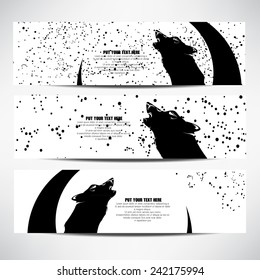 Three Vector Design Horizontal Banners With Ornament Angry Wolf, Moon And Black Spots, In The Tattoo Tribal Style. Perfect For The Cards, Business Cards, Banners, Logo, Tattoo Badges