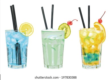 Three vector drinks with fruit, collection of drinks