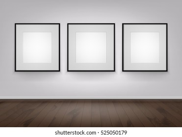 Three Vector Empty Blank White Mock Up Posters Pictures Black Frames on Wall with Brown Wooden Floor Front View