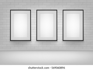 Three Vector Empty Blank White Mock Up Posters Pictures Black Frames on Brick Wall with Floor and Illumination Front View