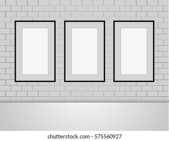 Three Vector Empty Blank White Mock Up Posters Pictures Black Frames on Brick Wall with Floor a Front View.
