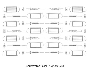 A three vector of face mask, vaccine and syringe which is a common item during this year of 2021